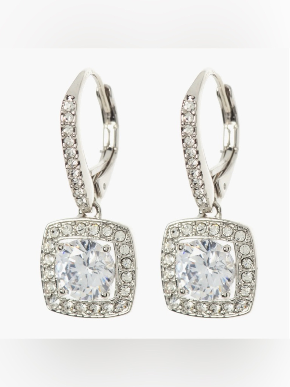 Nadri Silver-toned Square Halo Cubic Zirconia Drop Leverback Earrings
